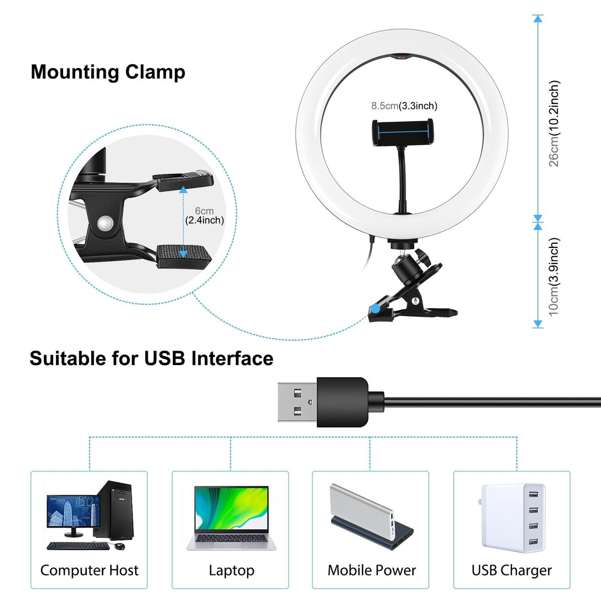 NNEIDS 10.2 Ring Light With Monitor Clip & Usb 3 Modes Dual Colour Temperature Dimmable Curved Diffuse Vlogging Selfie Beauty Photography Video Lights Phone Clamp - Black